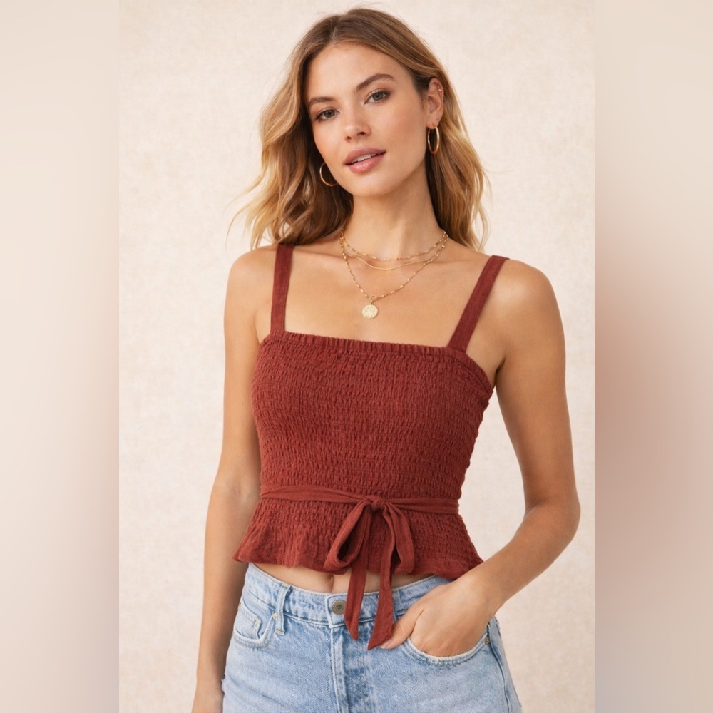 NWT Anthropologie Smocked Tie Strap Cotton Tank Top Rust Size S